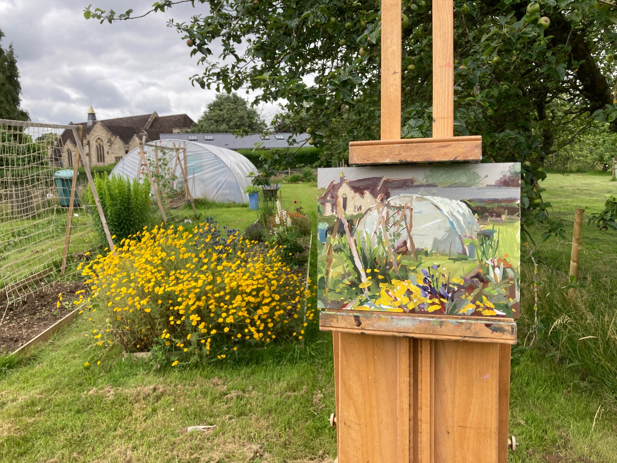 A painting of a polytunnel